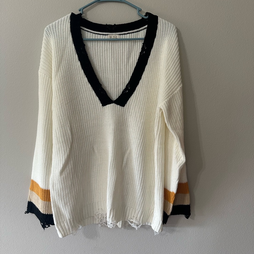 POL V-Neck Distressed Sweater with Black and Orange Accents